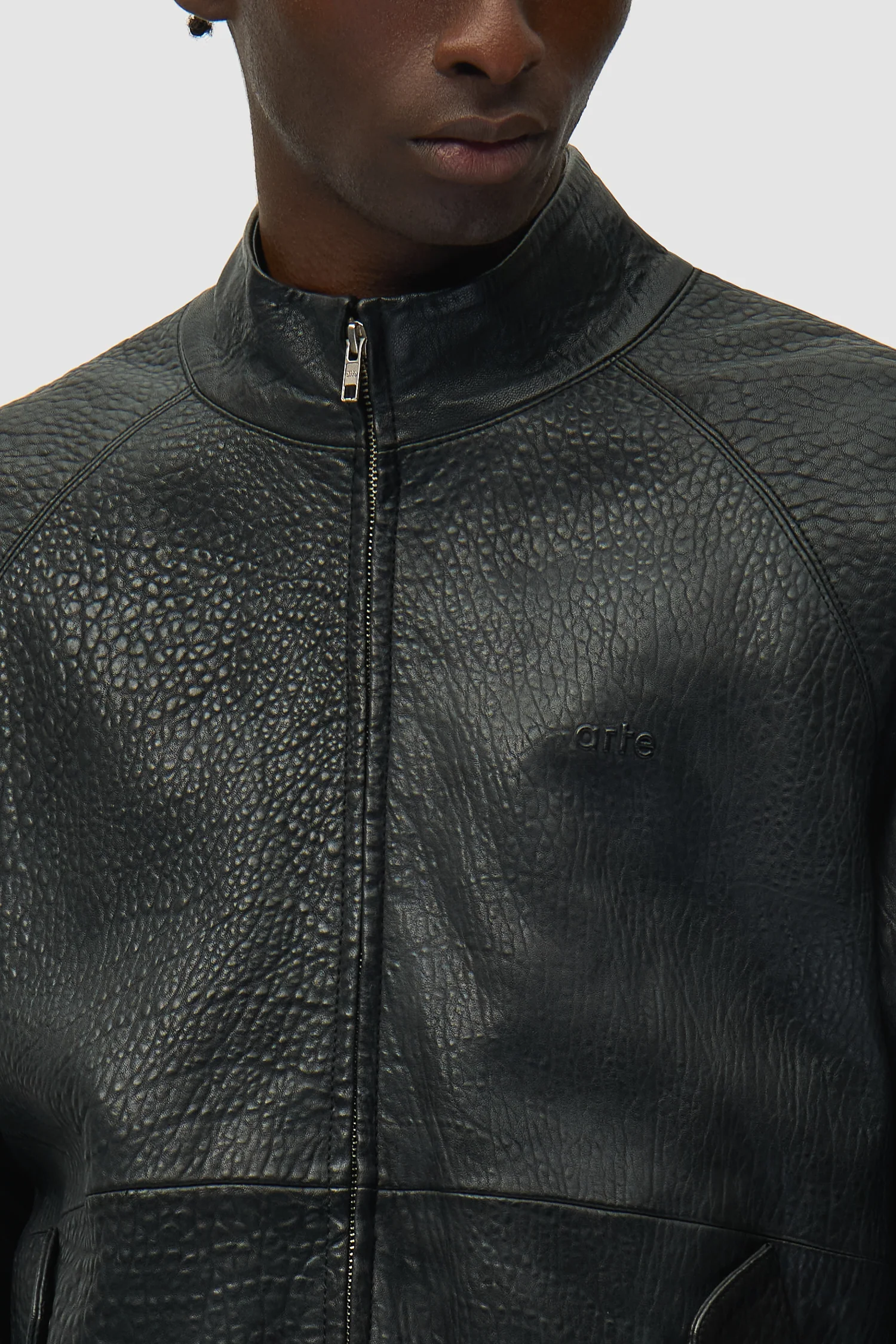 High Collar Leather Jacket - Black - Image 8