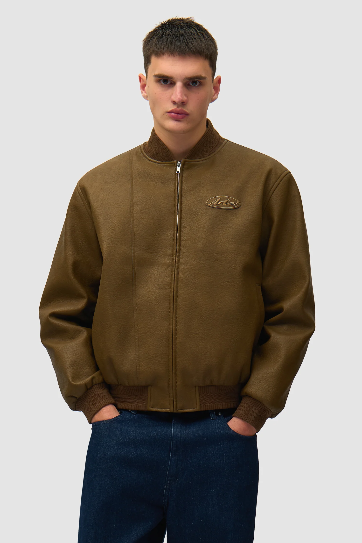 Leather Varsity Jacket - Brown - Image 3