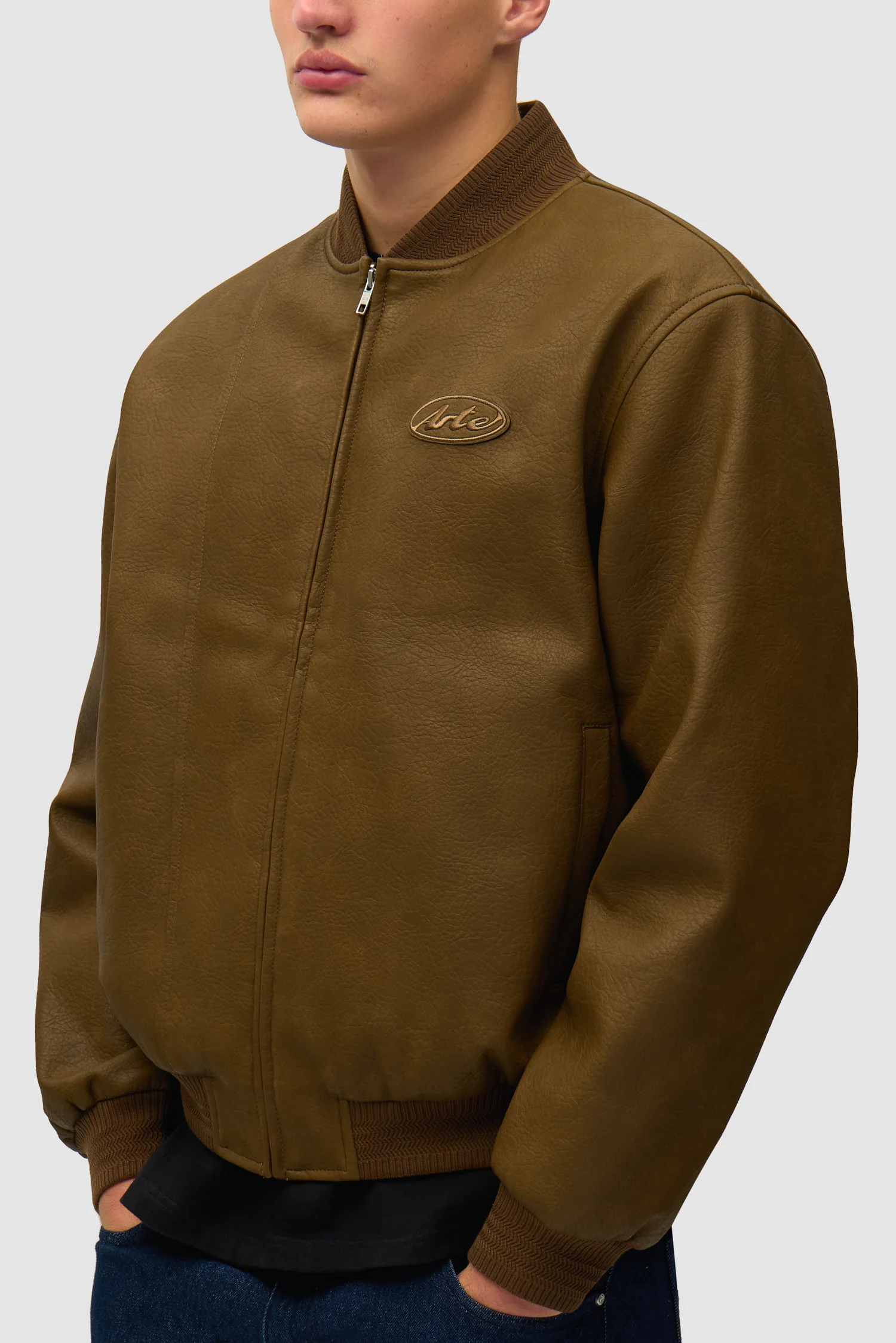 Leather Varsity Jacket - Brown - Image 7