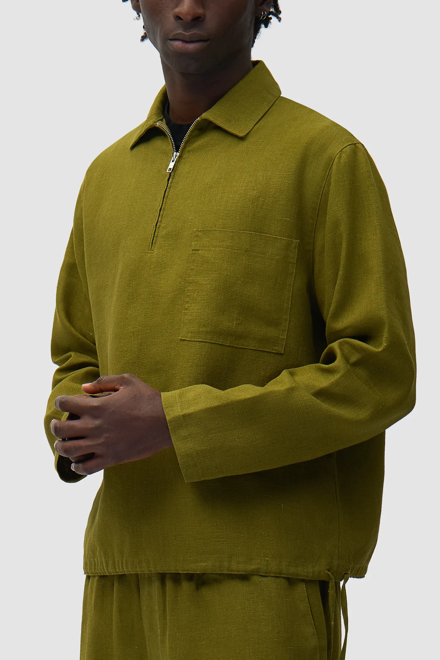 Linen Quarter Zip Pullover - Green - Image 7